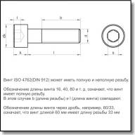 Винт с цилиндрической головкой и внутр. шестигранником ISO 4762 (DIN 912), нерж. сталь A2 - Чертеж винта ISO 4762 (DIN 912) и обозначения полной и неполной резьбы