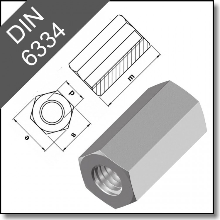 Гайка шестигранная соединительная переходная удлиненная DIN 6334, нерж. сталь A2